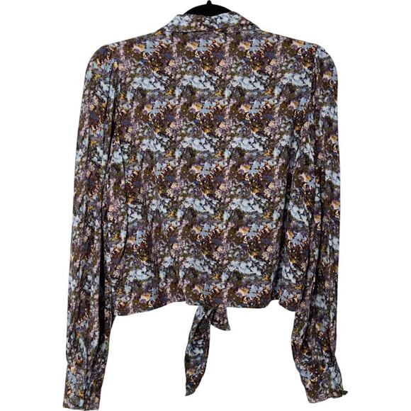 Frnch Sheila Print Floral Linen Blend Long Sleeve Tie Front Cropped Shirt (L) - Picture 9 of 15